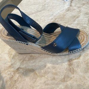 TORY BURCH NAVY BLUE LEATHER ANKLE STRAP ESPADRILLE WEDGE SANDALS SHOES